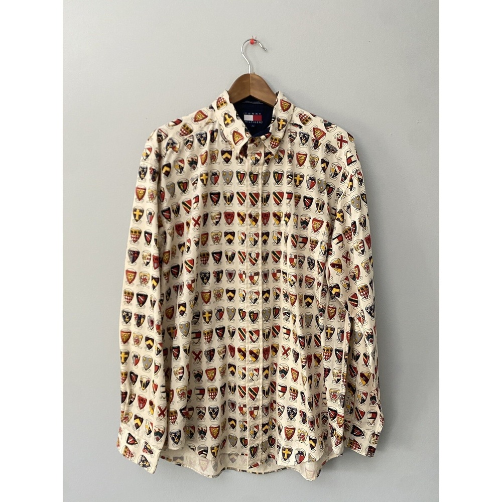 Vintage Tommy Hilfiger Button Down Shirt Mens Large University Crests Print